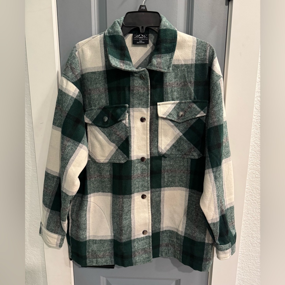HFX Women’s Lrg & Med Green/Cream Snap Button Heavy Weight Flannel Shirt Jacket